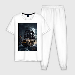 Пижама хлопковая мужская Пиратский корабль в шторм, цвет: белый
