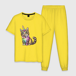 Пижама хлопковая мужская Праздничный котик в колпаке единорога, цвет: желтый