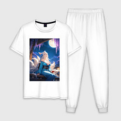 Пижама хлопковая мужская Лисица в кимоно любуется цветением глицинии, цвет: белый