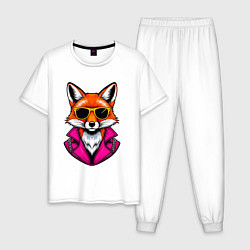 Пижама хлопковая мужская Лиса в очках и розовой куртке, цвет: белый