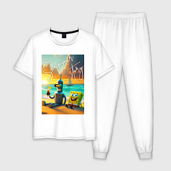 Пижама хлопковая мужская Bender and Sponge Bob - summer story, цвет: белый
