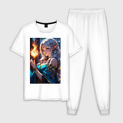 Пижама хлопковая мужская Прекрасная эльфийка-маг с шаром огня, цвет: белый