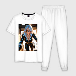 Пижама хлопковая мужская Черная кошка в комнате, цвет: белый