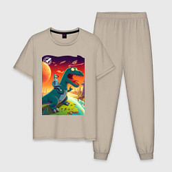 Пижама хлопковая мужская Бендер сидит верхом на тираннозавре, цвет: миндальный