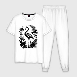 Пижама хлопковая мужская Черный фламинго в цветах, цвет: белый