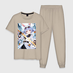 Пижама хлопковая мужская Девушка-кролик в плаще и с мечем, цвет: миндальный