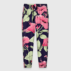 Мужские брюки Цветы Розовые Гибискусы На Тёмно-Синем Фоне