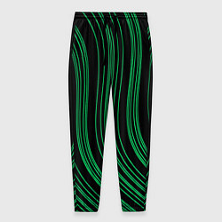 Брюки на резинке мужские Абстракция зелёные линии на чёрном, цвет: 3D-принт