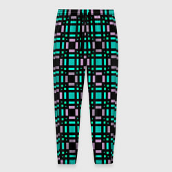 Брюки на резинке мужские Зелено-сиреневый с черный клетчатый узор, цвет: 3D-принт