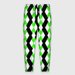 Брюки на резинке мужские Зелёные и белые ромбы на чёрном фоне, цвет: 3D-принт