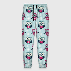 Брюки на резинке мужские Новогодний паттерн с милыми совами и снежинками, цвет: 3D-принт