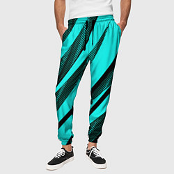 Брюки на резинке мужские Неоновый голубой с чёрным абстракция с полосами, цвет: 3D-принт — фото 2