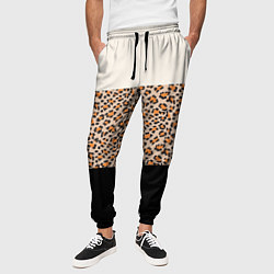 Брюки на резинке мужские Леопардовый паттерн с черной и бежевой полосой, цвет: 3D-принт — фото 2