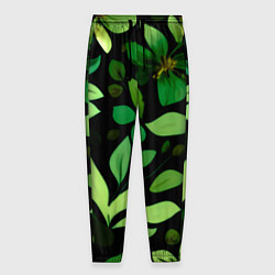 Брюки на резинке мужские Чёрный с зелёными крупными цветами, цвет: 3D-принт