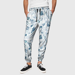 Брюки на резинке мужские Мемфис синий с серым клетчатый геометрический узор, цвет: 3D-принт — фото 2