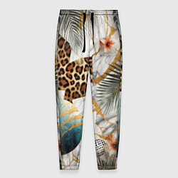Брюки на резинке мужские Мрамор с цветами и леопардовый узор, цвет: 3D-принт