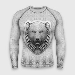 Рашгард мужской Медведь чёрно-белый барельеф с этническим орнамент, цвет: 3D-принт
