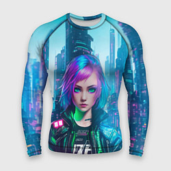 Рашгард мужской Девушка в стиле киберпанк на фоне неонового города, цвет: 3D-принт