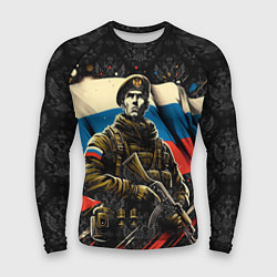 Рашгард мужской Русский солдат на фоне флага России, цвет: 3D-принт