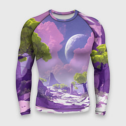 Рашгард мужской Фиолетовые горы зеленые деревья и космос, цвет: 3D-принт