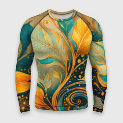Рашгард мужской Золотые и бирюзовые листья абстракция, цвет: 3D-принт