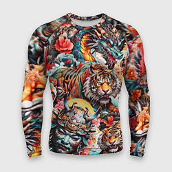 Рашгард мужской Японская татуировка дракона тигра и самурая, цвет: 3D-принт