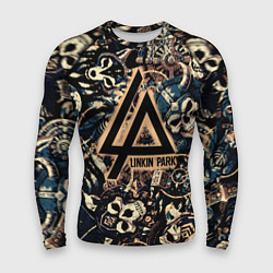 Рашгард мужской Linkin park на фоне рун масок черепов и молота тор, цвет: 3D-принт