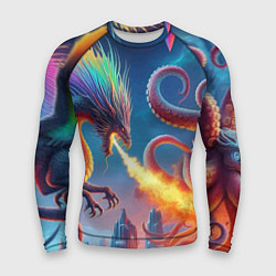 Мужской рашгард Огнедышащий дракон против осьминога - нейроарт фан