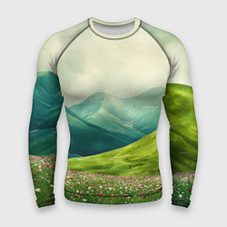 Рашгард мужской Горы и поле с цветами - зеленый пейзаж, цвет: 3D-принт