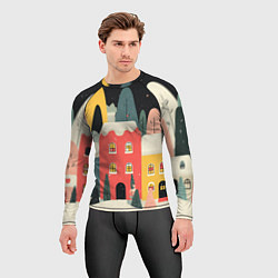 Рашгард мужской Разноцветные новогодние дома, цвет: 3D-принт — фото 2