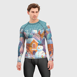 Рашгард мужской Дети во дворе лепят снеговика, цвет: 3D-принт — фото 2