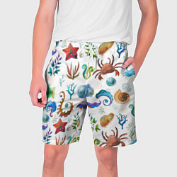 Шорты на шнурке мужские Морской паттерн с крабами и водорослями, цвет: 3D-принт