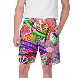 Мужские шорты Разноцветные яркие рыбки на абстрактном цветном фо