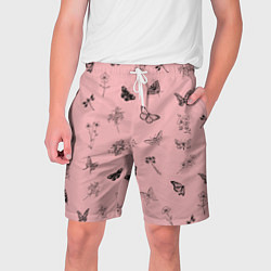 Мужские шорты Цветочки и бабочки на розовом фоне