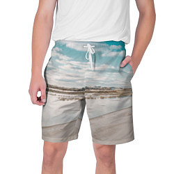 Шорты на шнурке мужские Песочный пляж и водоём - Белый, цвет: 3D-принт