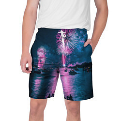 Шорты на шнурке мужские Неоновый салют над рекой ночью - Синий, цвет: 3D-принт