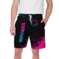 Шорты на шнурке мужские Nirvana - neon gradient: символ и надпись вертикал, цвет: 3D-принт