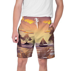 Шорты на шнурке мужские Лодка в море на закате возле тропических островов, цвет: 3D-принт
