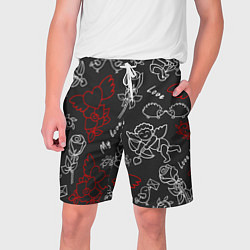 Шорты на шнурке мужские Летающие сердца купидоны розы на черном фоне, цвет: 3D-принт