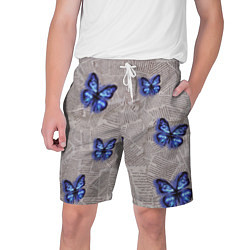 Шорты на шнурке мужские Газетные обрывки и синие бабочки, цвет: 3D-принт