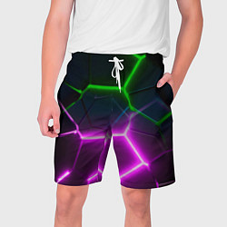 Шорты на шнурке мужские Фиолетовые и зеленые неоновые плиты в разломе, цвет: 3D-принт