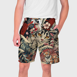 Шорты на шнурке мужские Котики и рыбки в сакуре, цвет: 3D-принт