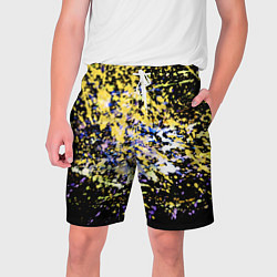Шорты на шнурке мужские Желто синяя краска на черном, цвет: 3D-принт