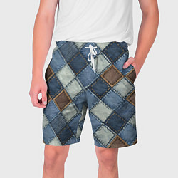 Шорты на шнурке мужские Джинсовый пэчворк ромбовый узор, цвет: 3D-принт