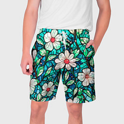 Шорты на шнурке мужские Цветочный сине-зелёный витраж, цвет: 3D-принт