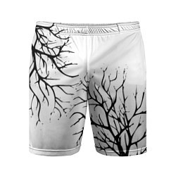 Шорты спортивные мужские Черные ветки деревьев на белом фоне, цвет: 3D-принт