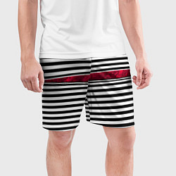 Шорты спортивные мужские Полосатый современный черно-белый с красной вставк, цвет: 3D-принт — фото 2