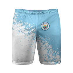Шорты спортивные мужские Manchester city белые брызги на голубом фоне, цвет: 3D-принт