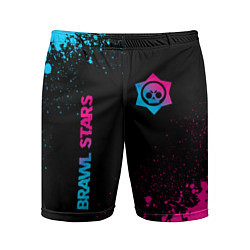 Шорты спортивные мужские Brawl Stars - neon gradient: символ и надпись верт, цвет: 3D-принт