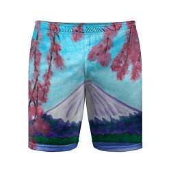 Шорты спортивные мужские Цветение сакуры Фудзияма, цвет: 3D-принт